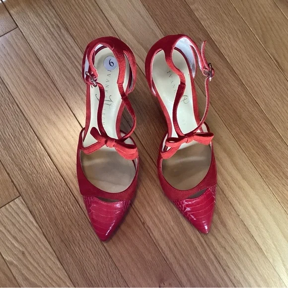 Red Leather Shoes, Pointy toe, bow, adjustable strap, size 6, fits like 6.5-7 - Picture 6 of 14